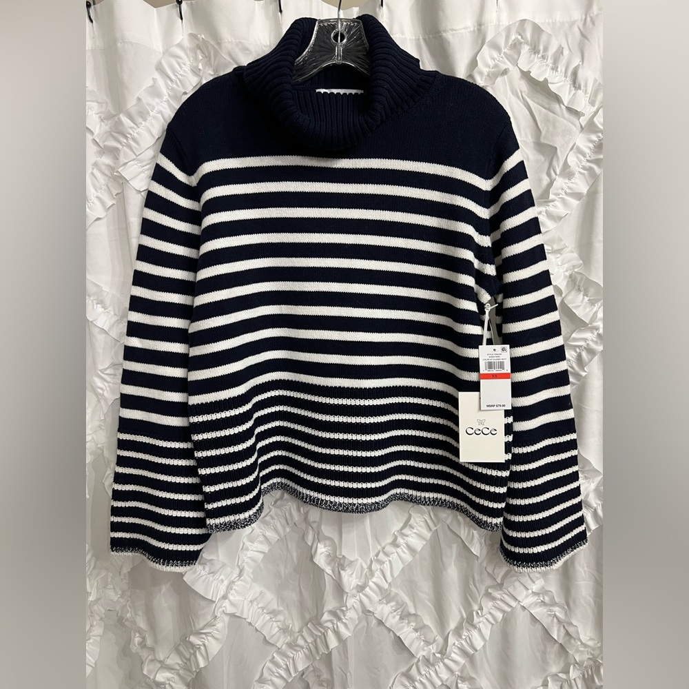 CeCe Turtleneck Stripe Sweater in  Navy and White NWT